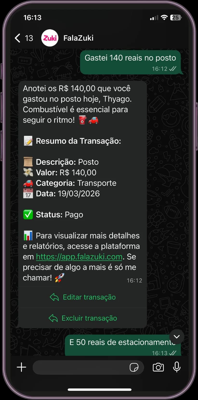 Registro de transação pelo WhatsApp