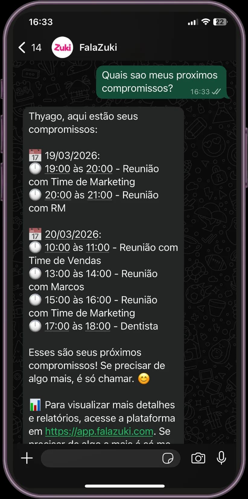 Consulta de compromissos pelo WhatsApp